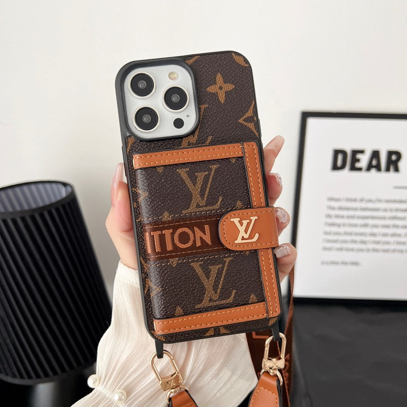 Bolsa de cartão luxuosa com corrente clássica marrom para iPhone
