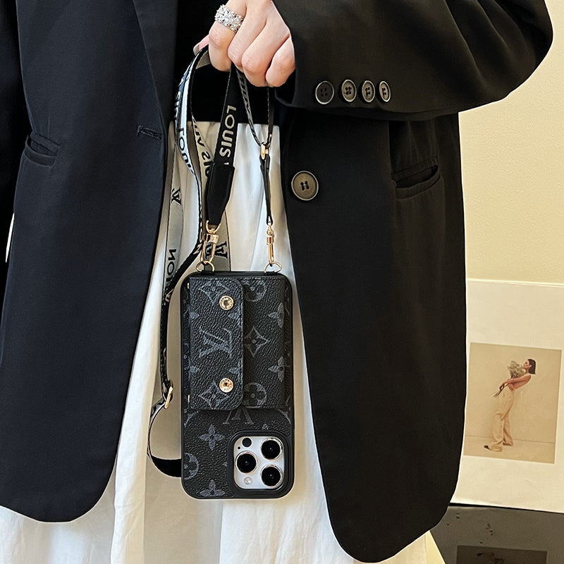 Funda de iPhone con cadena de bolso de tarjeta de lujo negro