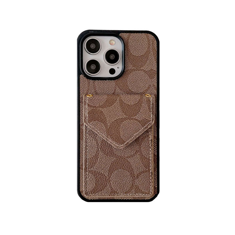 Cás iPhone Clasaiceach Le Sealbhóir Cárta Agus Solas Strap Donn -SJ240513