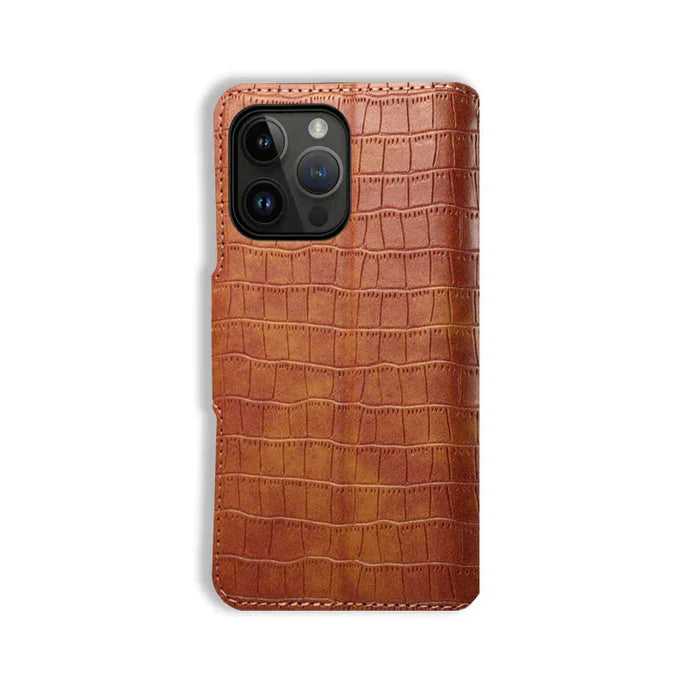 Capa para iPhone com estampa de jacaré com carteira e alça