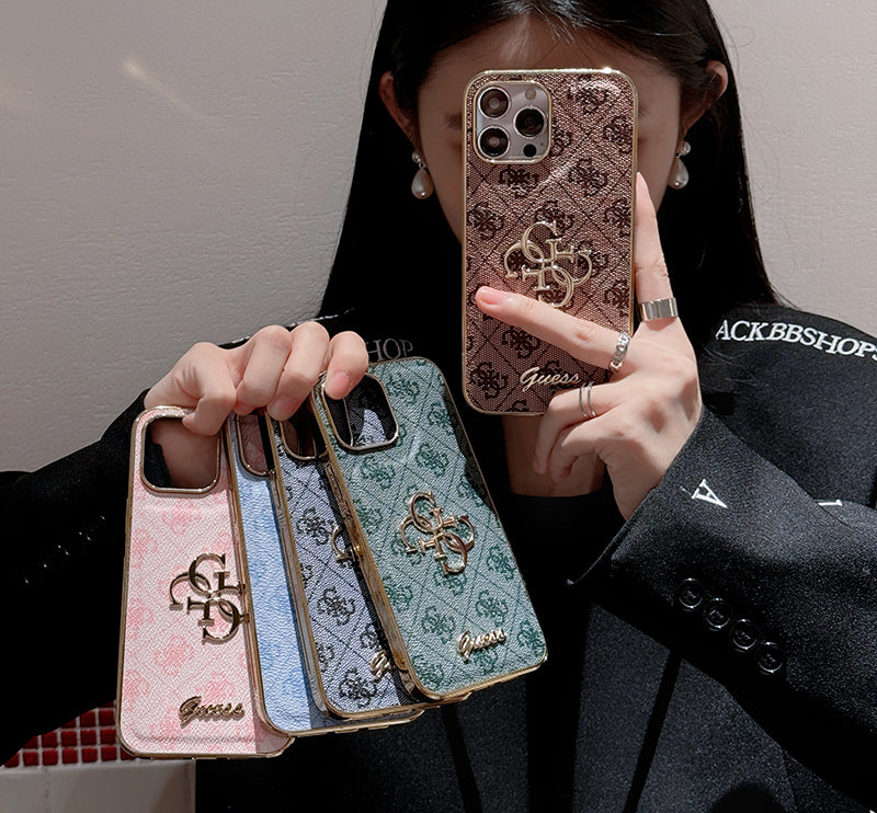 Capa de couro com logotipo dourado Gue para iPhone