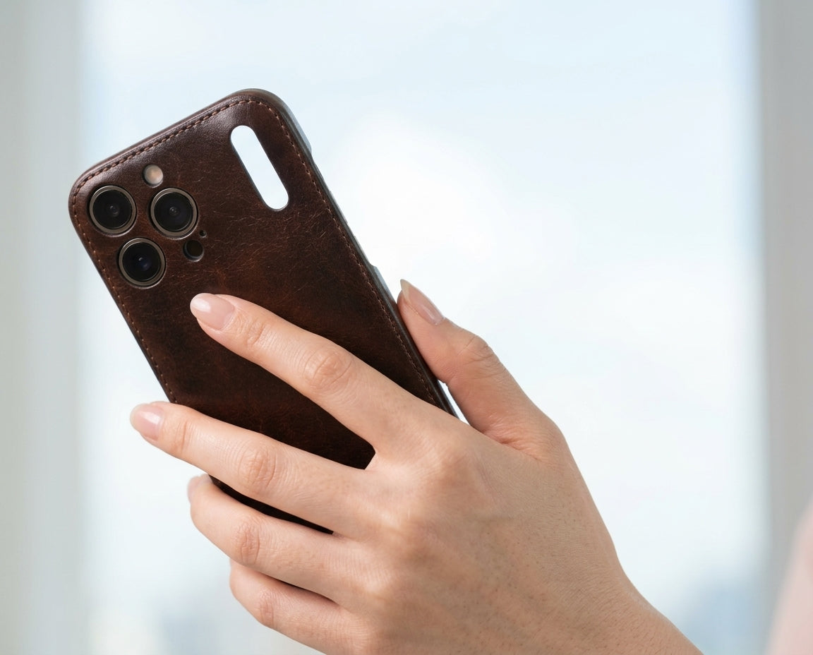 Håndlaget iPhone-deksel i grønnsaksgarvet skinn – Vintage Patina Edition