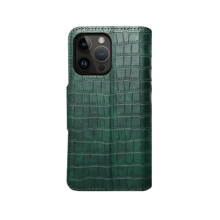 Capa para iPhone com estampa de jacaré com carteira e alça