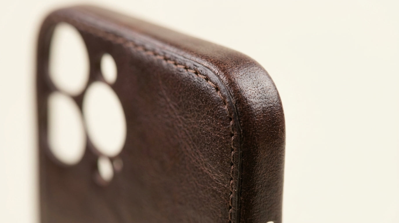 Håndlaget iPhone-deksel i grønnsaksgarvet skinn – Vintage Patina Edition