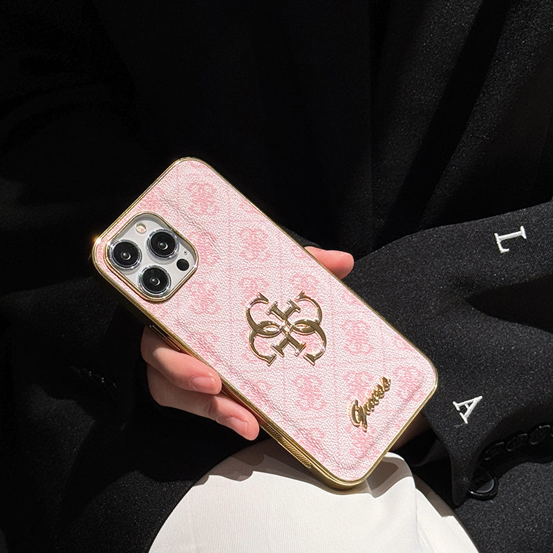 Capa de couro com logotipo dourado Gue para iPhone