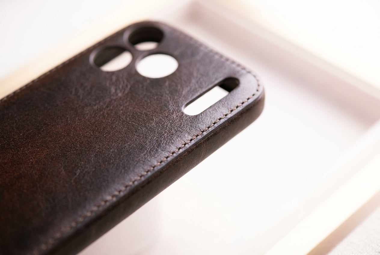 Håndlaget iPhone-deksel i grønnsaksgarvet skinn – Vintage Patina Edition