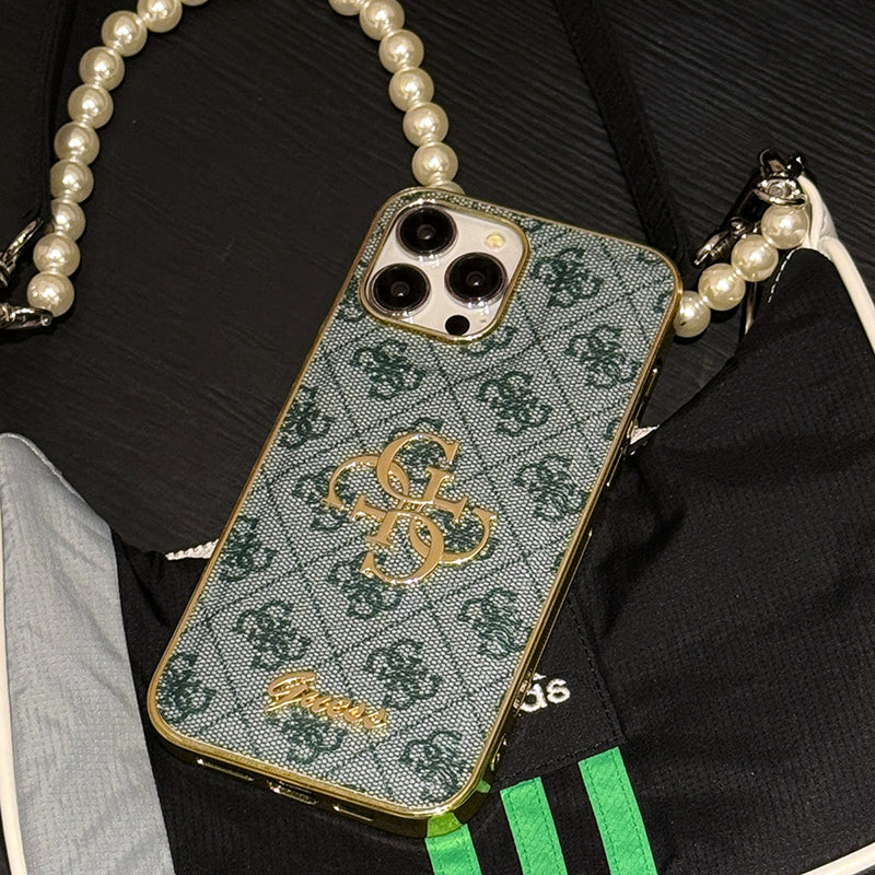 Capa de couro com logotipo dourado Gue para iPhone
