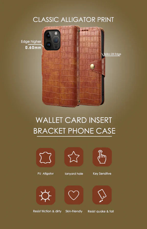Capa para iPhone com estampa de jacaré com carteira e alça