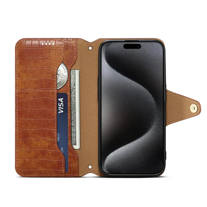 Capa para iPhone com estampa de jacaré com carteira e alça