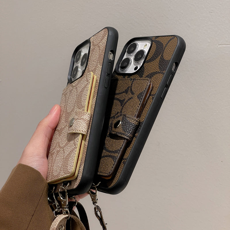 Κλασική θήκη iPhone με πορτοφόλι και λουράκι καφέ -SZK240402