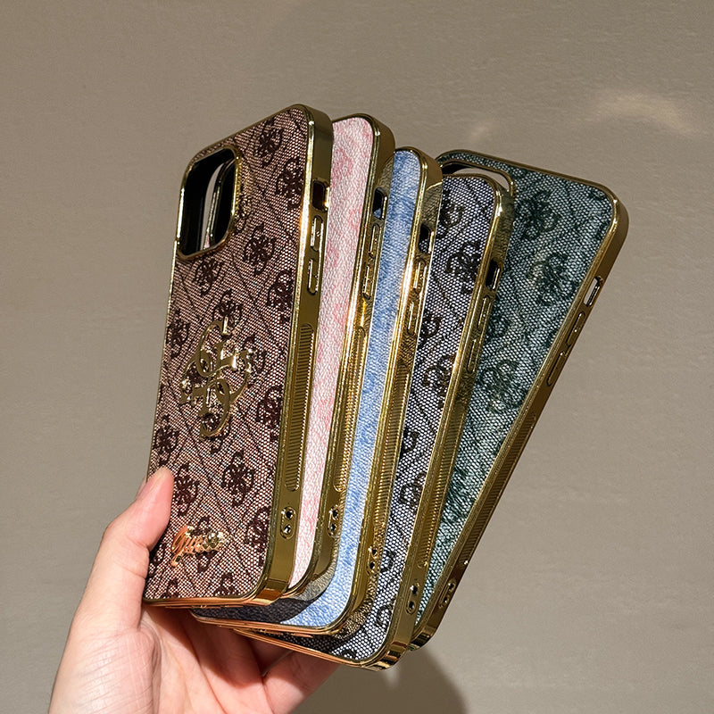 Capa de couro com logotipo dourado Gue para iPhone