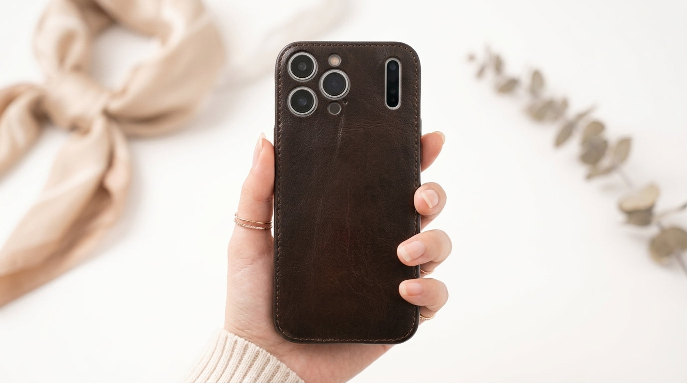 Håndlaget iPhone-deksel i grønnsaksgarvet skinn – Vintage Patina Edition