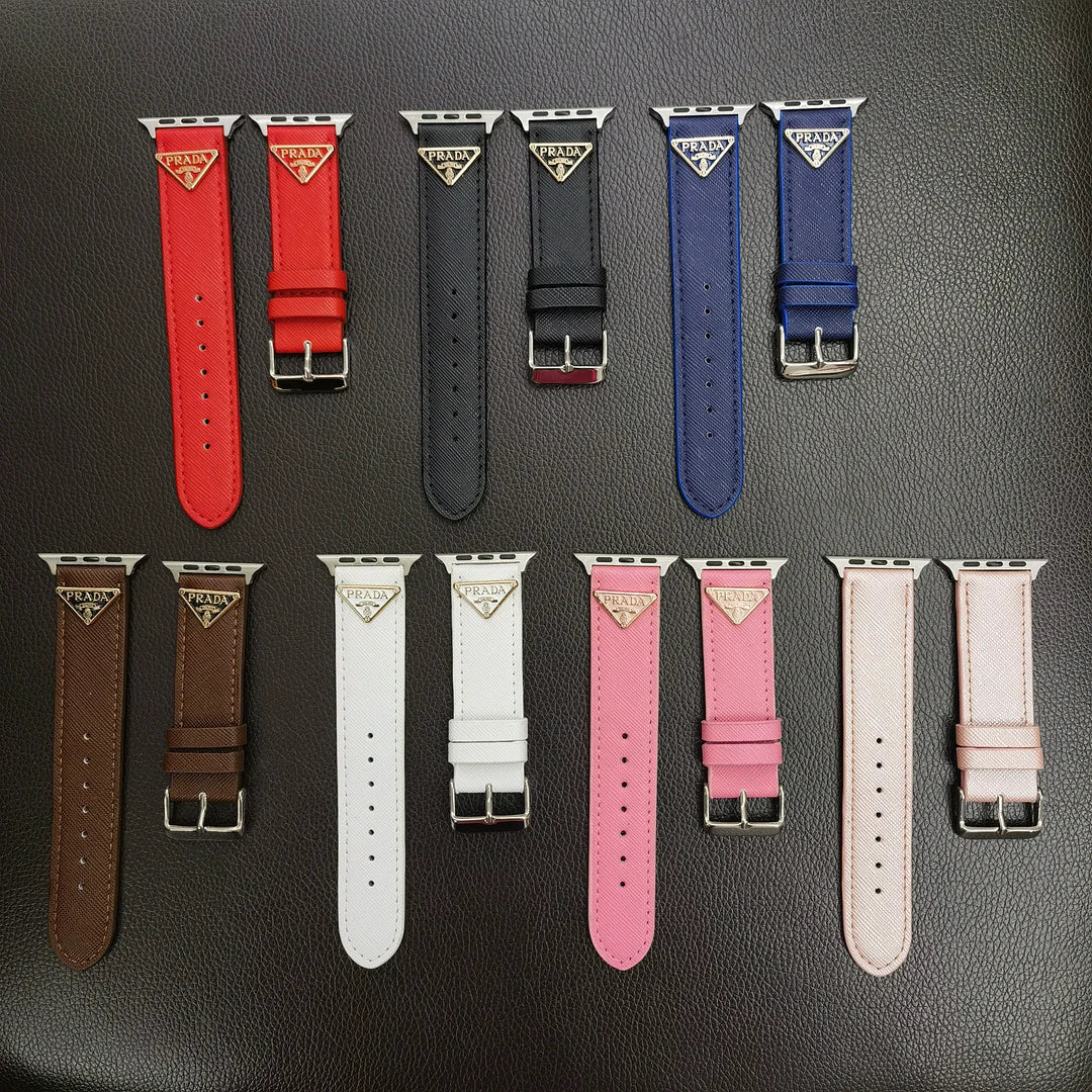 Pulseira de couro com etiqueta de monograma de triângulo duplo para Apple Watch