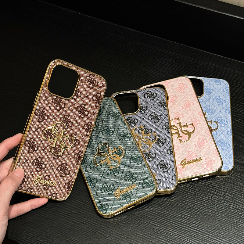 Capa de couro com logotipo dourado Gue para iPhone