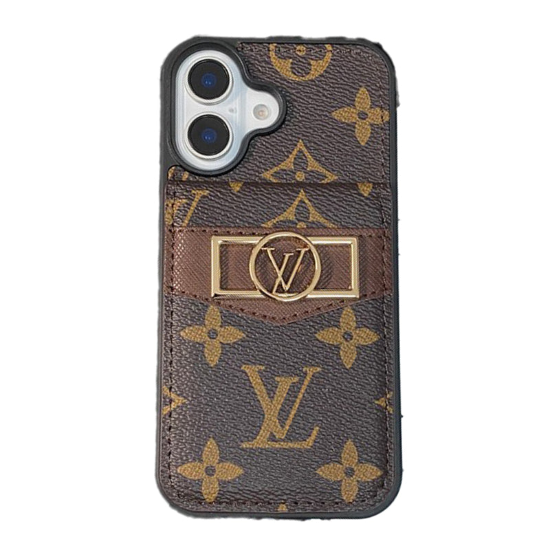 Funda de iPhone con logo dorado y tarjetero de lujo