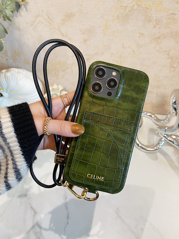 Θήκη για iPhone Celine Print Alligator με θήκη για κάρτα και πράσινο λουράκι -EYP241415