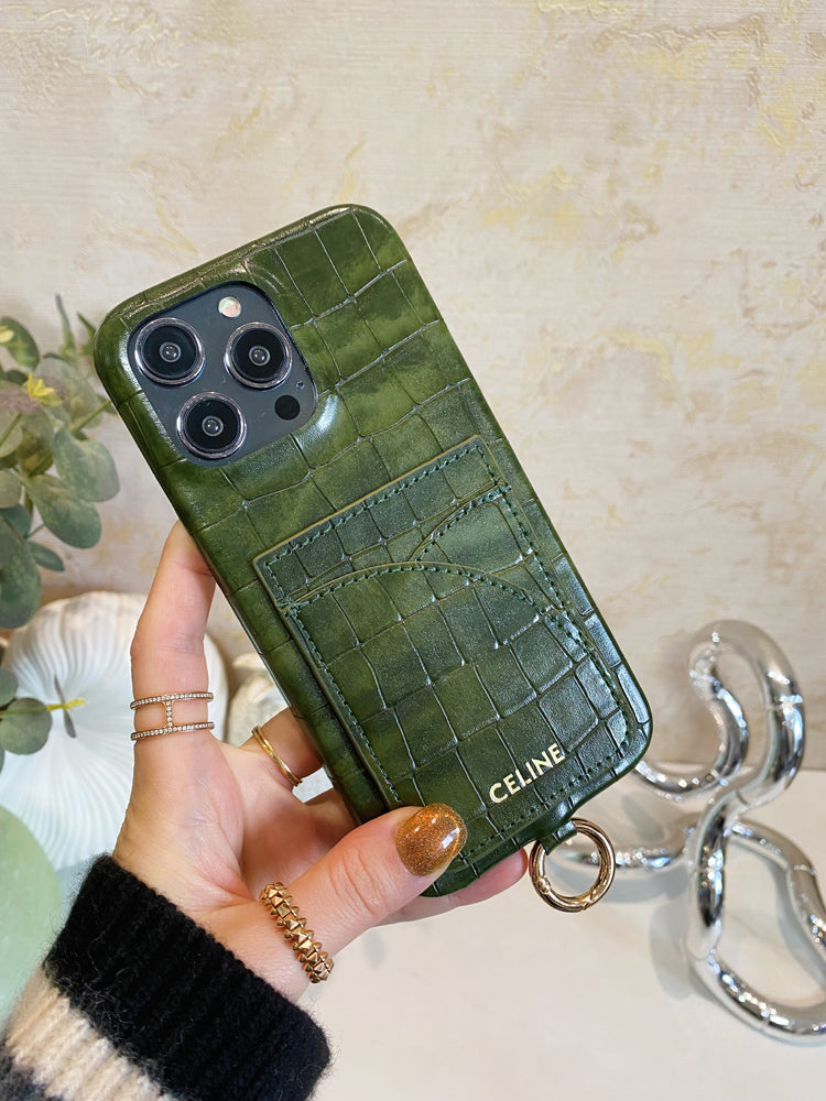 Θήκη για iPhone Celine Print Alligator με θήκη για κάρτα και πράσινο λουράκι -EYP241415