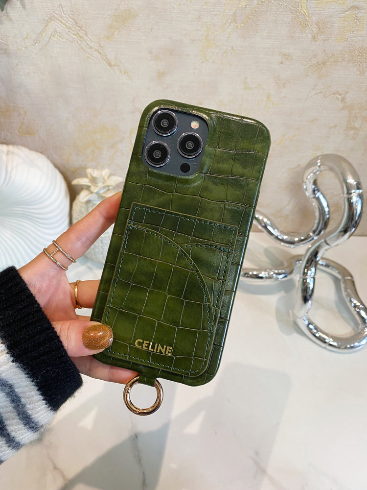 Θήκη για iPhone Celine Print Alligator με θήκη για κάρτα και πράσινο λουράκι -EYP241415