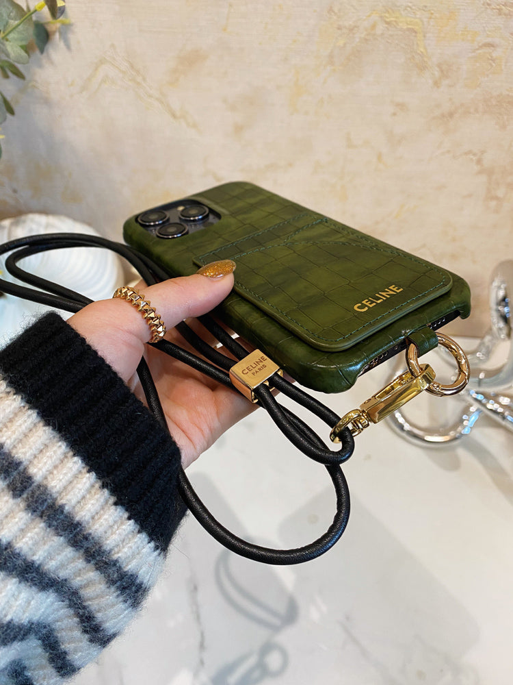 Θήκη για iPhone Celine Print Alligator με θήκη για κάρτα και πράσινο λουράκι -EYP241415