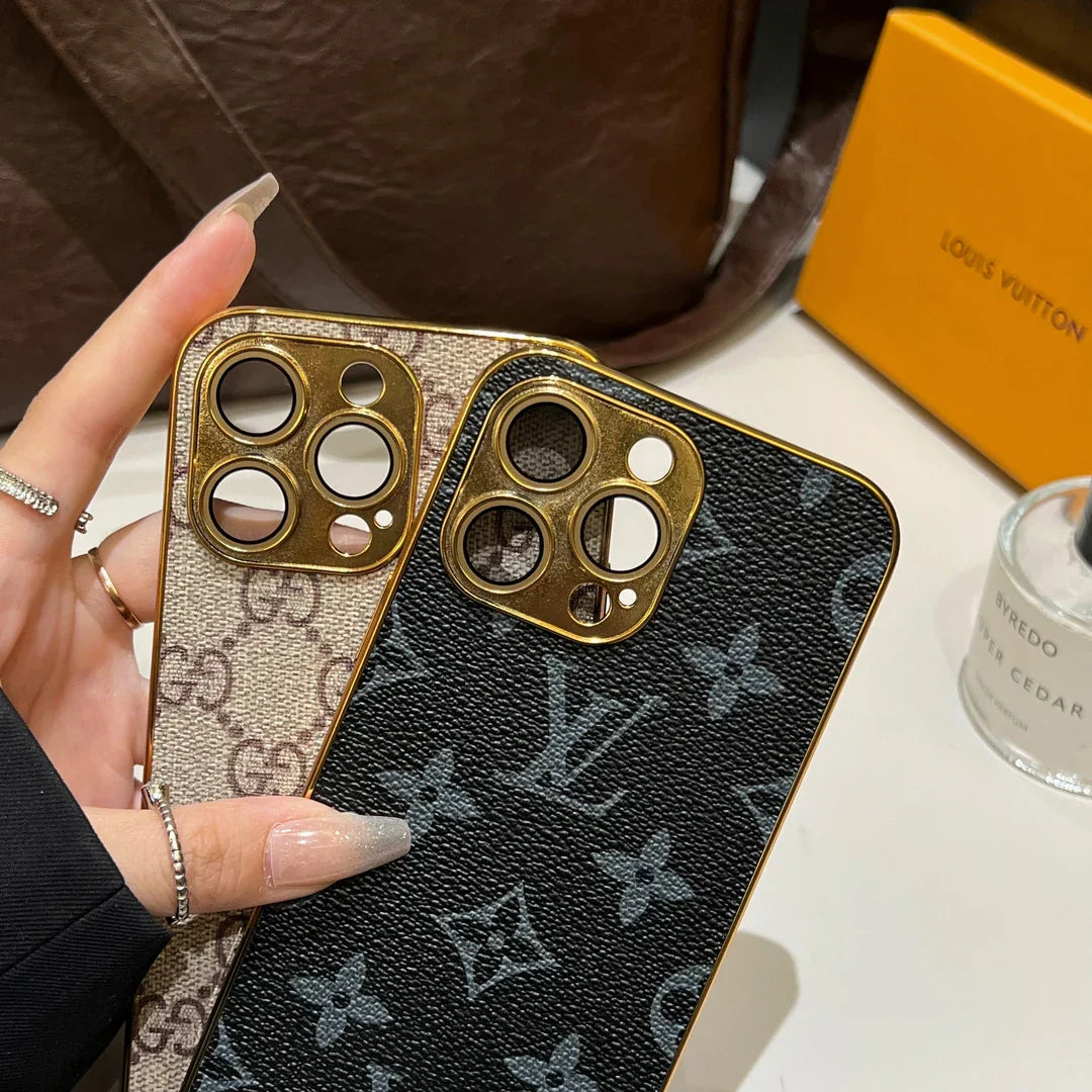 Luxus klasszikus monogramos iPhone tok galvanizált arany élekkel