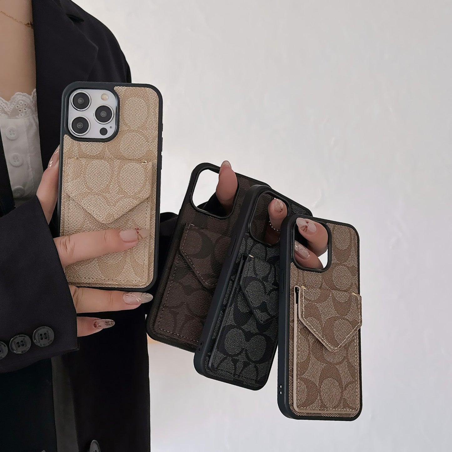Klasszikus iPhone tok kártyatartóval és szíjjal, világos fekete - SJ240513