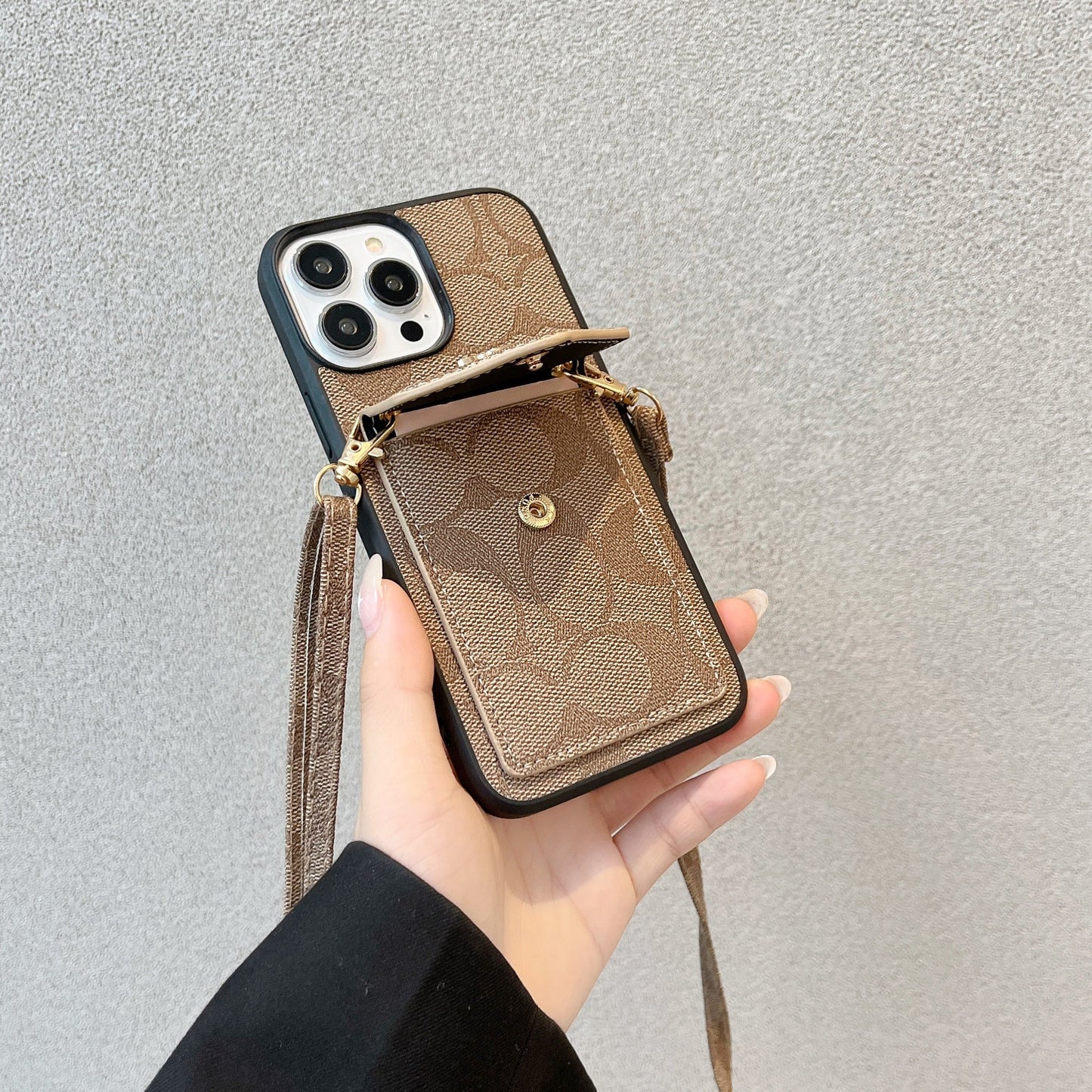 Cás iPhone Clasaiceach Le Sealbhóir Cárta Agus Solas Strap Donn -SJ240513