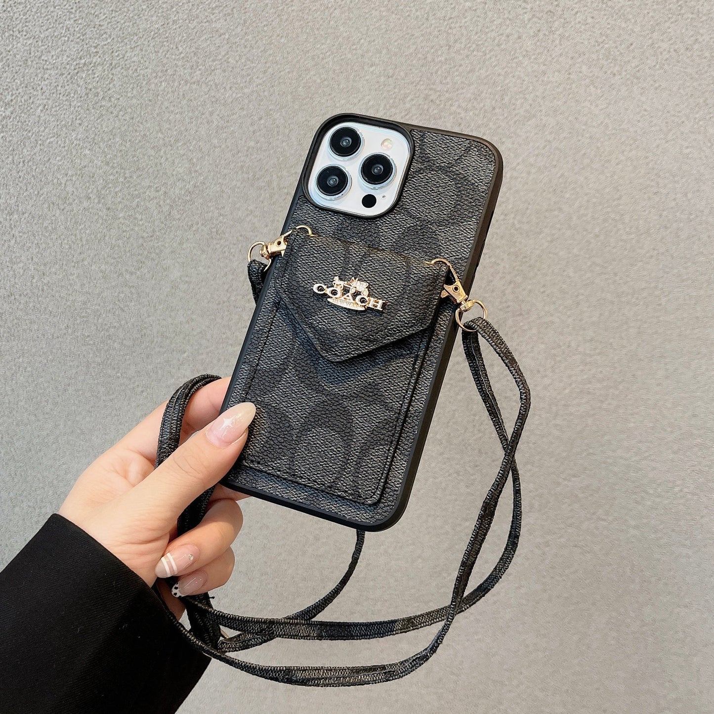 Klasszikus iPhone tok kártyatartóval és szíjjal, világos fekete - SJ240513