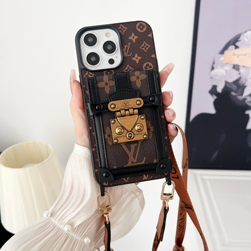 Capa luxuosa marrom com corrente crossbody para iPhone