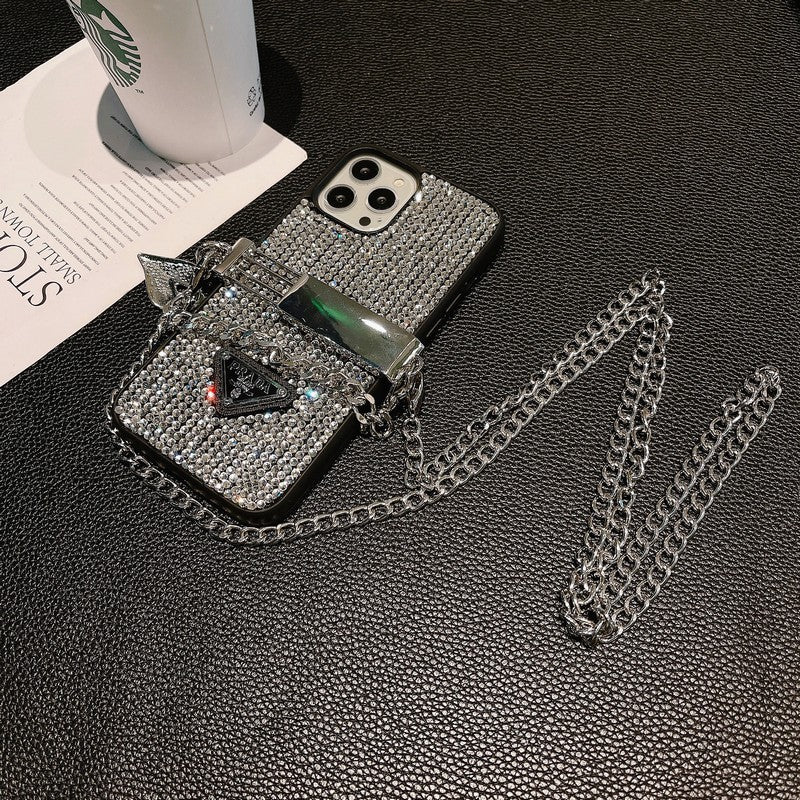 Capa luxuosa para iPhone com corrente crossbody de diamante