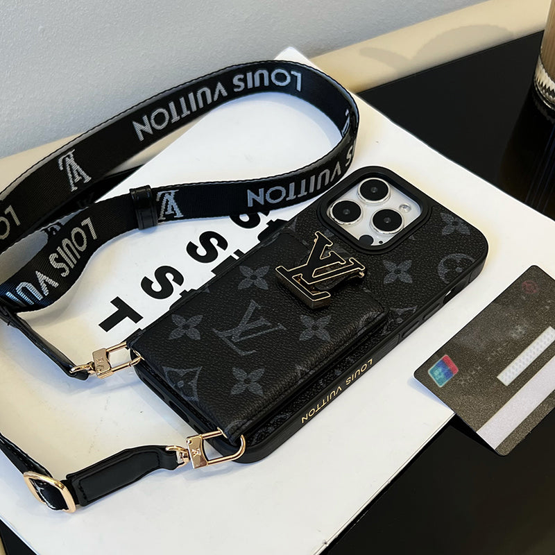 Coque et skin iPhone de luxe avec chaîne de sac à cartes noire