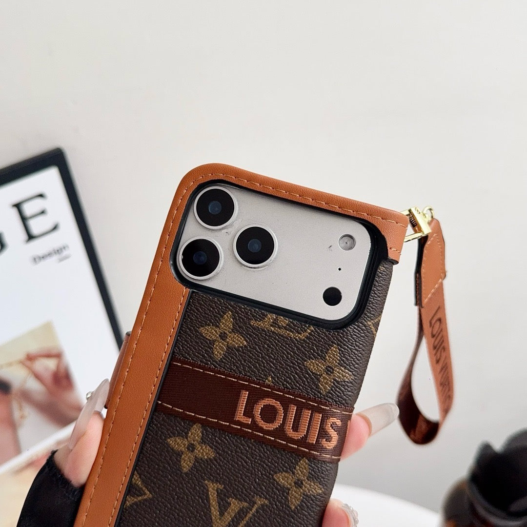 Ylellinen luksuskuvioinen lompakko iPhone-kotelo korttitelineellä ja hihnalla