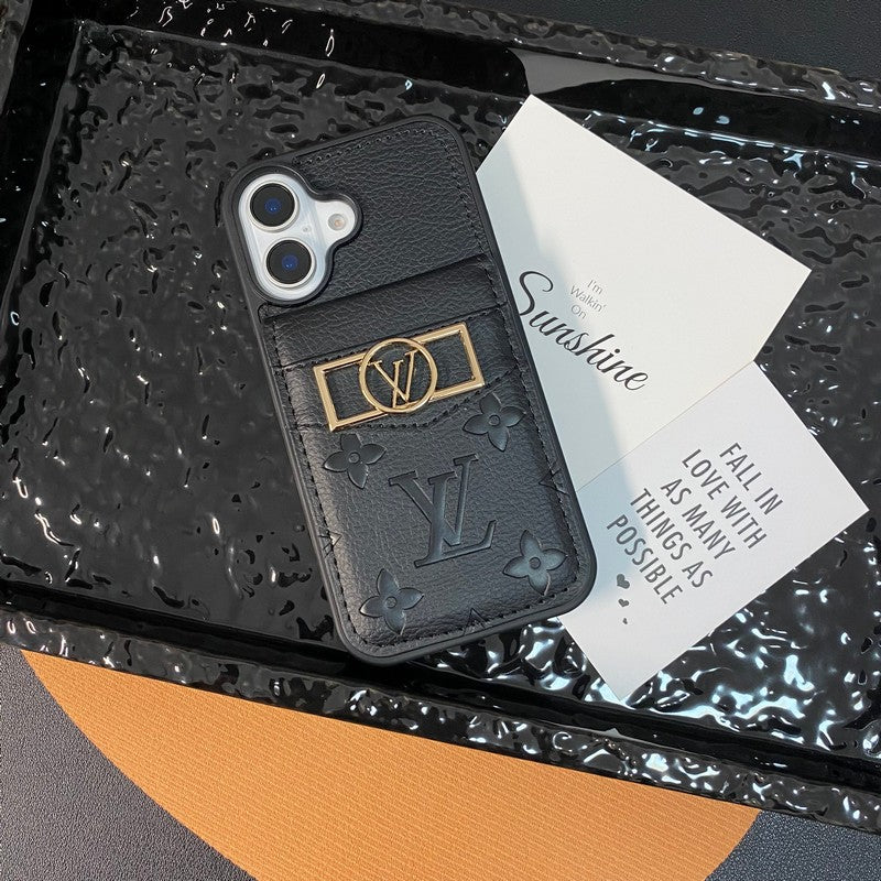 Funda de iPhone con logo dorado y tarjetero de lujo