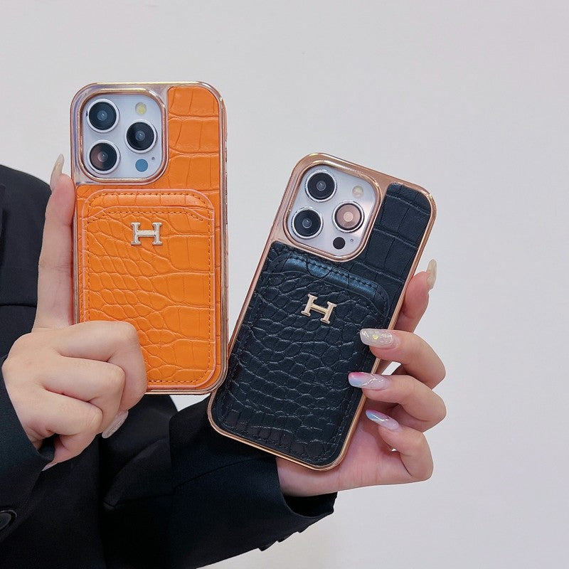 Funda de iPhone de cuero dorado rosa H