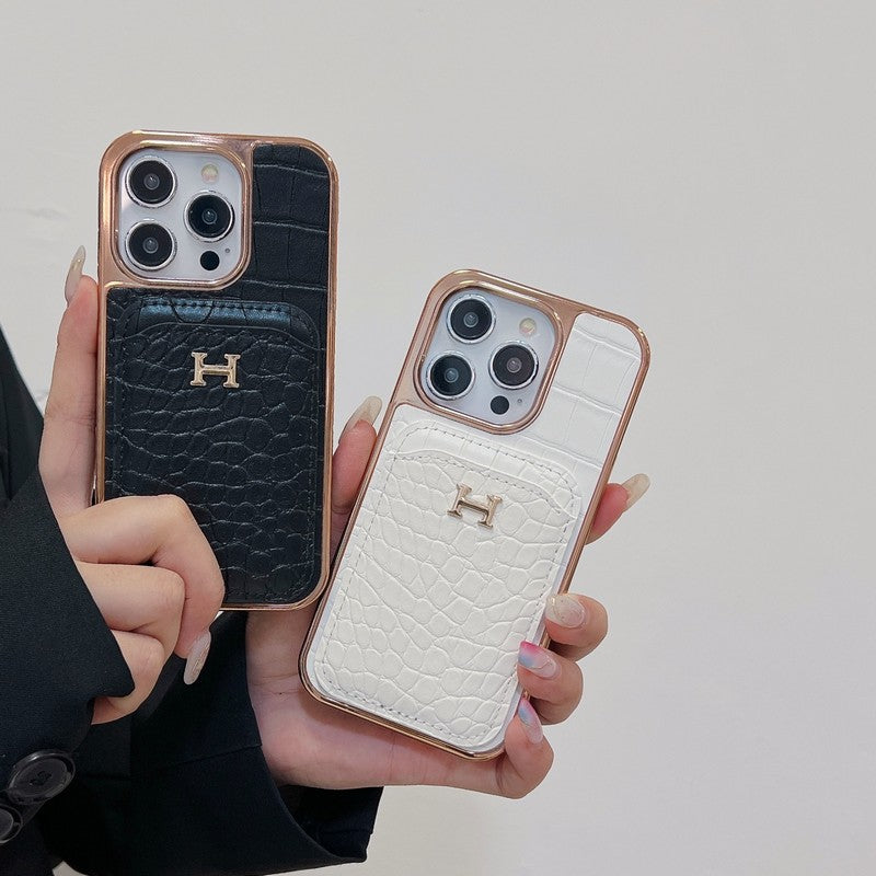 Funda de iPhone de cuero dorado rosa H