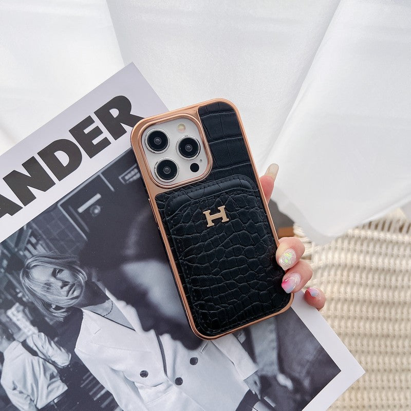 Funda de iPhone de cuero dorado rosa H