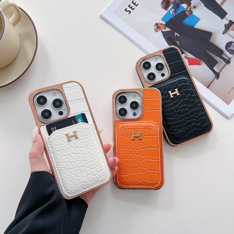Funda de iPhone de cuero dorado rosa H