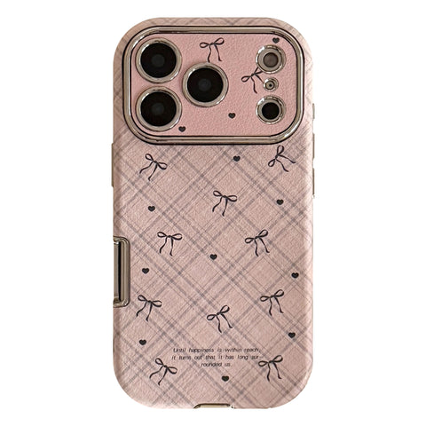 Applicable to Apple 17promax mobile phone case iphone16 leather plaid bow 15 retro 13 soft 12 all-inclusive