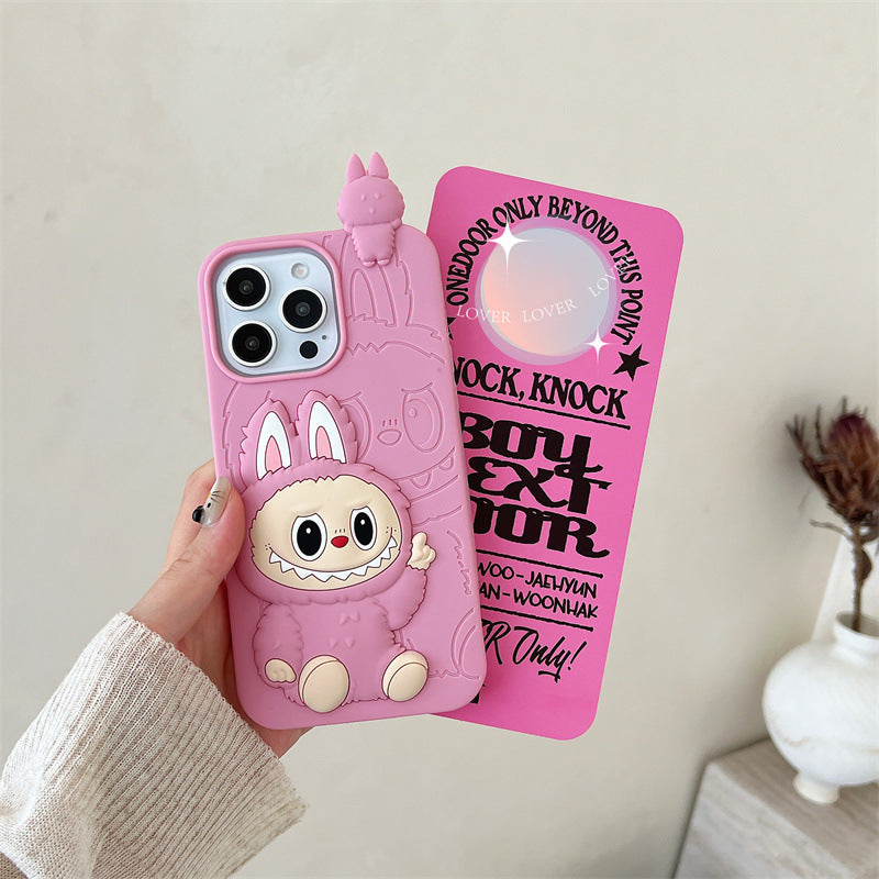 Søt tegneserie Labubu 3d silikonetui | Brun Rosa - iPhone-deksel