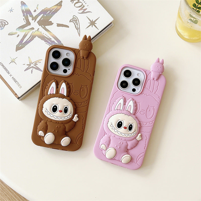 Søt tegneserie Labubu 3d silikonetui | Brun Rosa - iPhone-deksel
