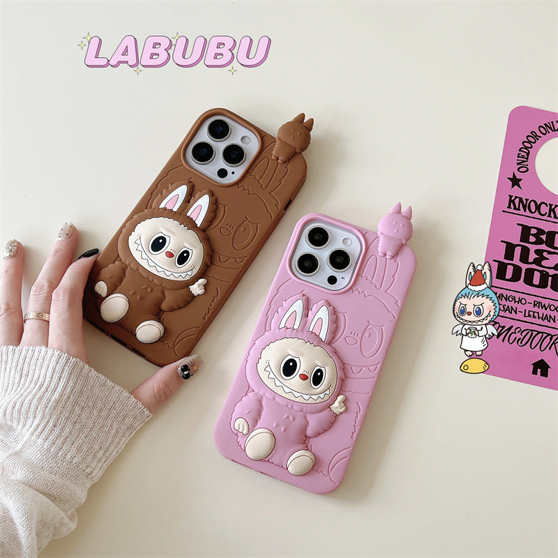 Søt tegneserie Labubu 3d silikonetui | Brun Rosa - iPhone-deksel