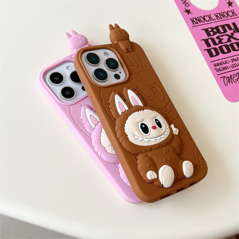 Søt tegneserie Labubu 3d silikonetui | Brun Rosa - iPhone-deksel