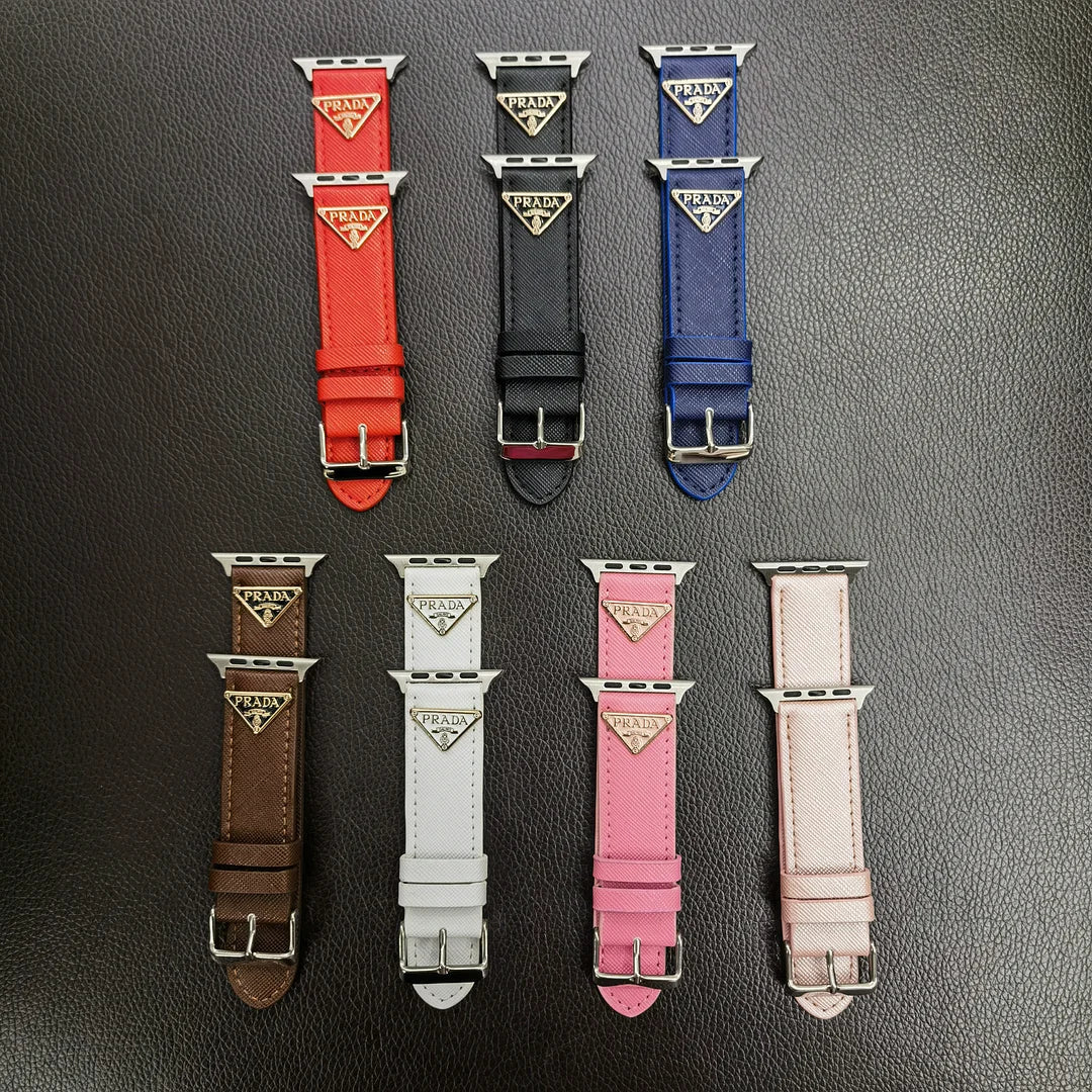 Pulseira de couro com etiqueta de monograma de triângulo duplo para Apple Watch