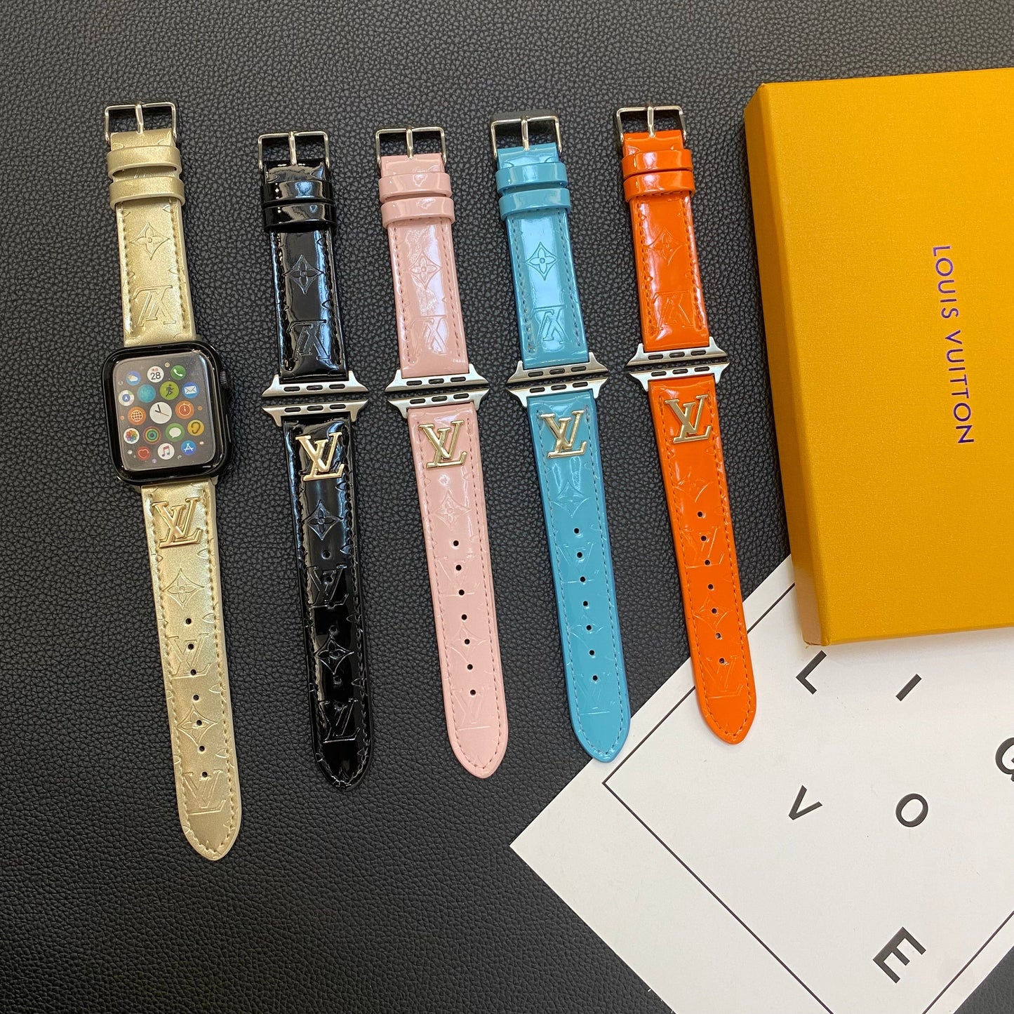 GLOSSY LEATHER APPLE WATCH STRAP LUXURY METAL LOGO