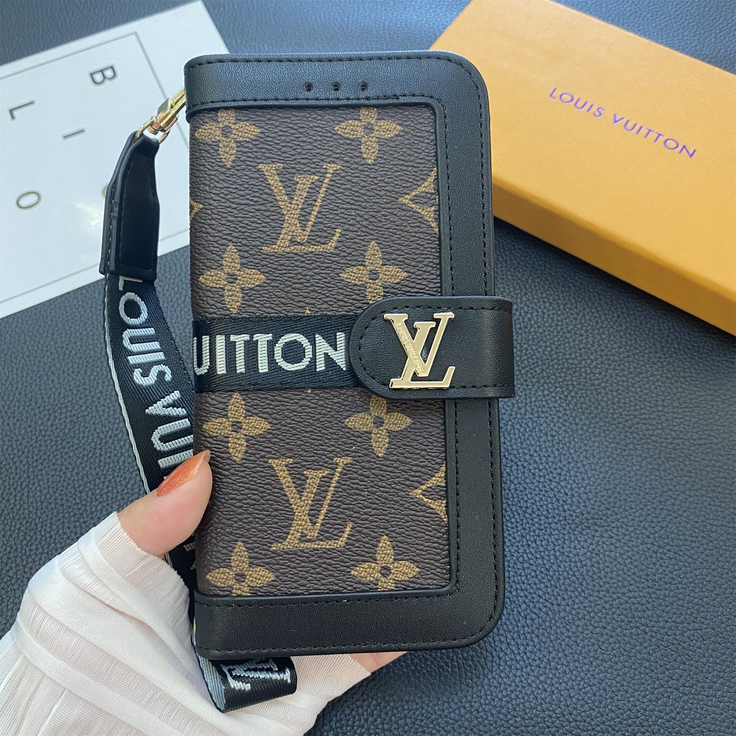 Premium lederen monogram canvas portemonnee kaarthouder hoesje Samsung Galaxy