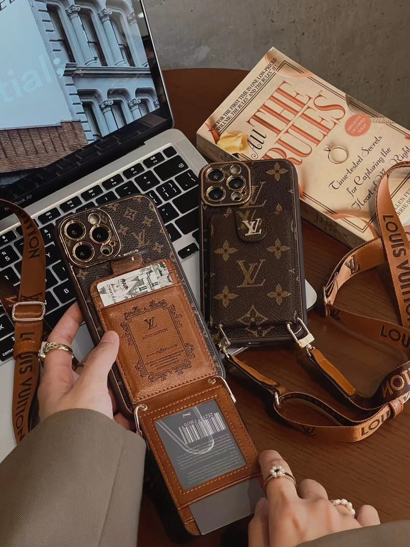 Funda de cuero avanzada para iPhone con tarjetero y correa