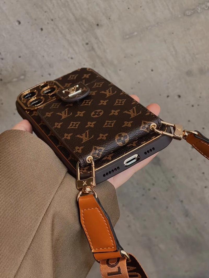 Funda de cuero avanzada para iPhone con tarjetero y correa