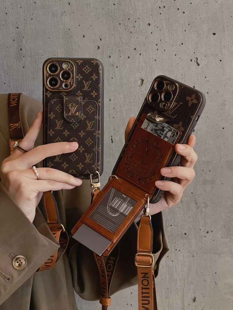Funda de cuero avanzada para iPhone con tarjetero y correa