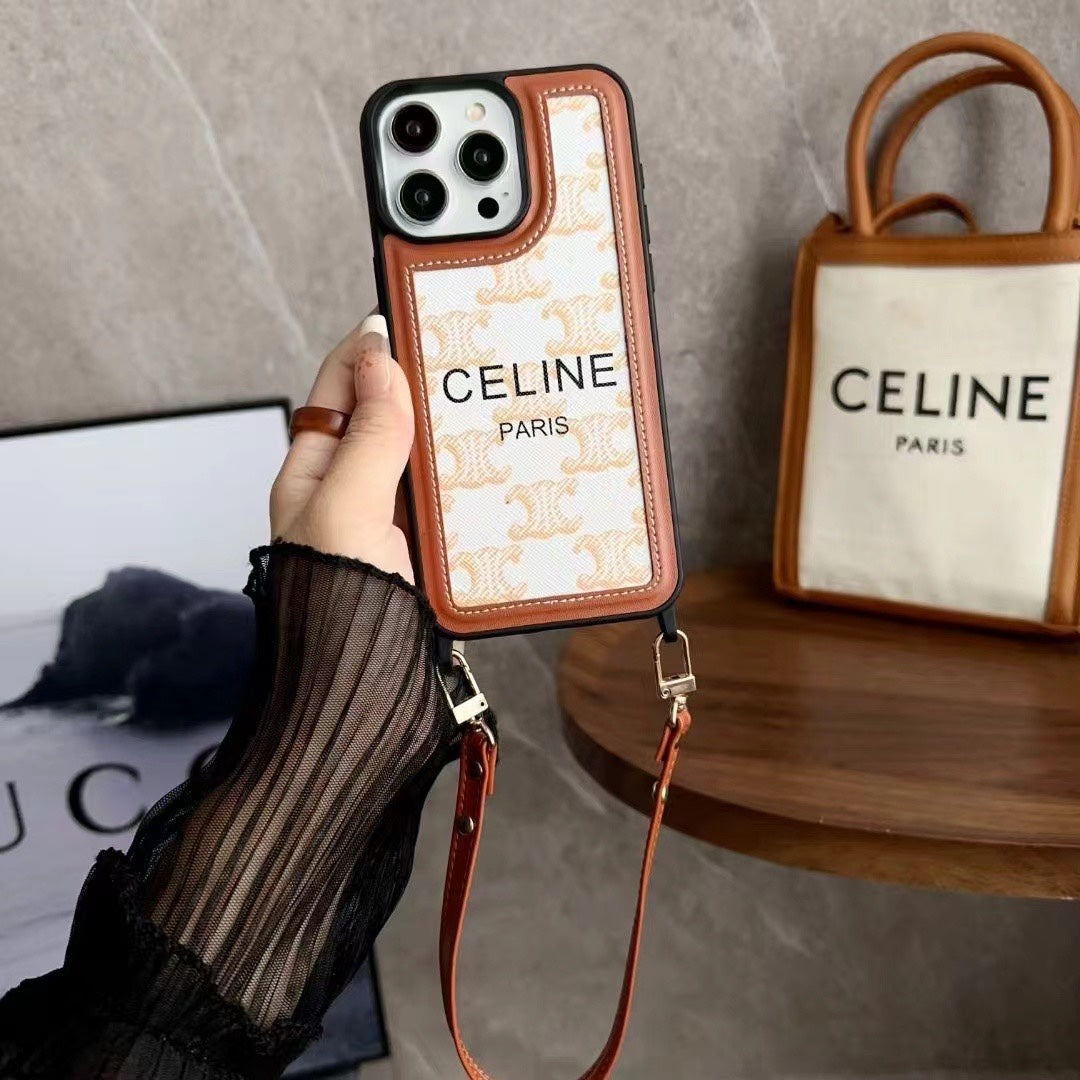 Capa Celine branca para iPhone com alça-SZ231124