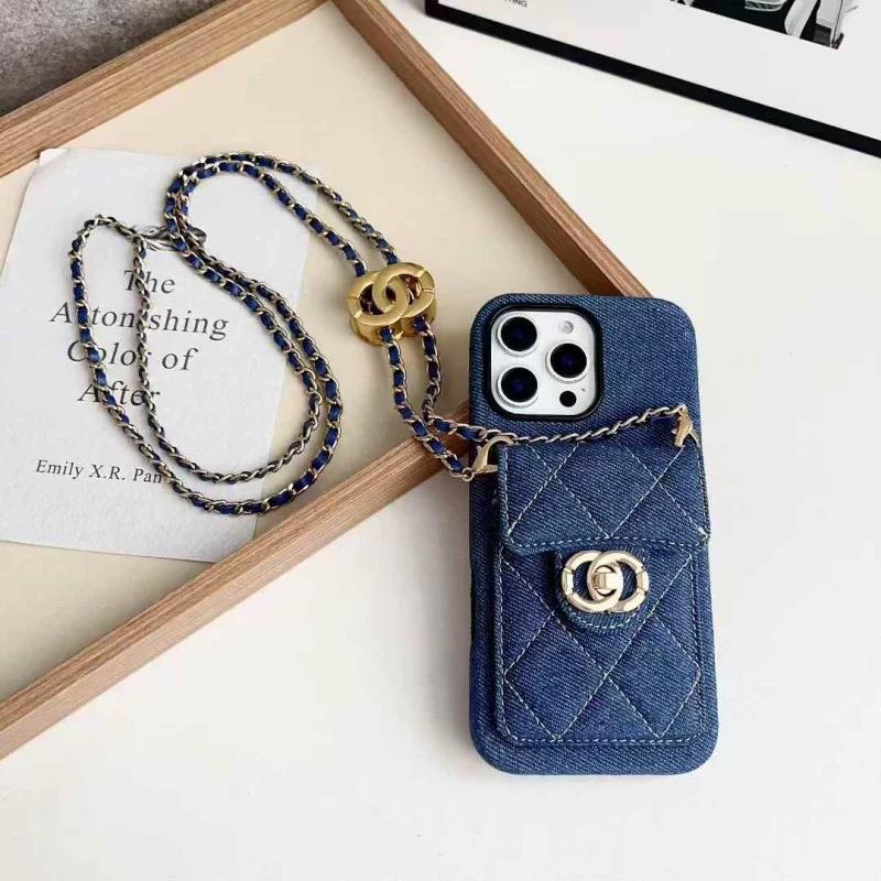 Capa acolchoada crossbody para iPhone com alça de corrente & Bolso para cartão
