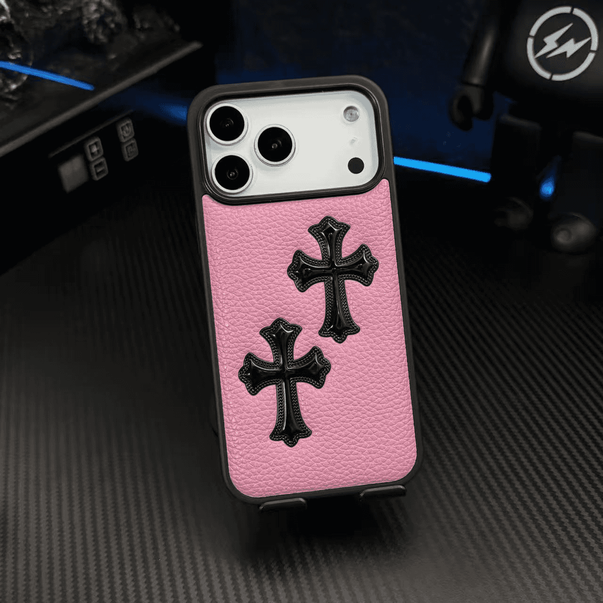 Caja del teléfono con textura de cuero en relieve cruzado 3D - Cubierta protectora a prueba de golpes